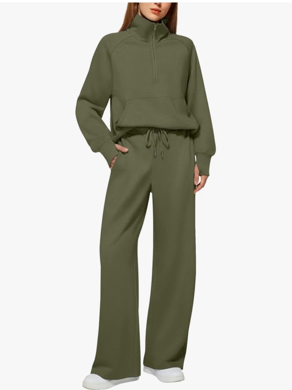 High-Rise Wide Leg Sweatpants in Olive - Women's Casual Pants